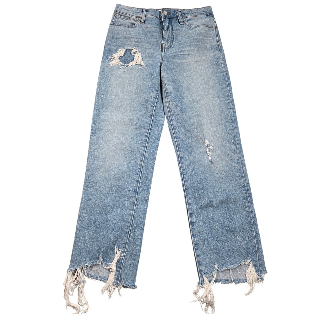 Madewell Classic Straight Jean Womens Blue 26 Light Wash Distressed Raw Hem